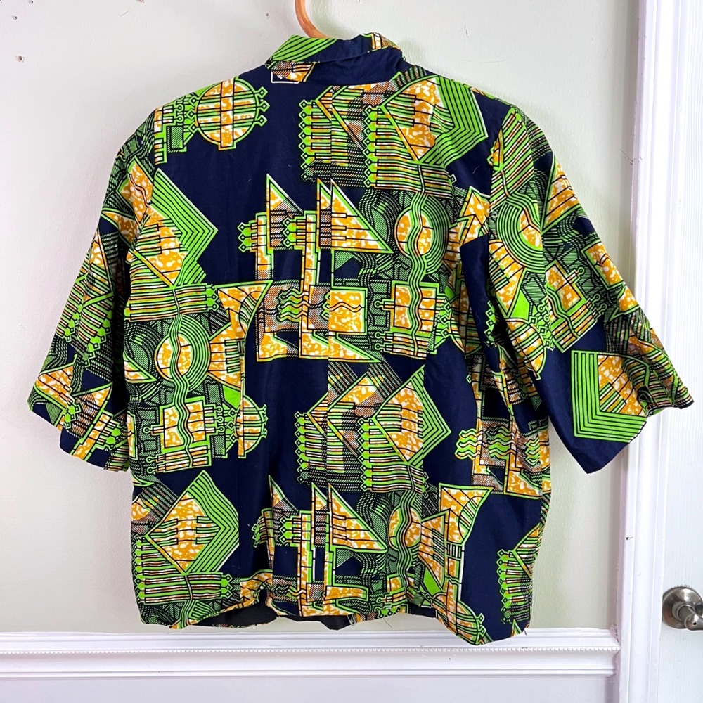 Nancy Classy Stitch Shirt XL Men Abstract Geometric African Wax Print Navy Green - Picture 3 of 10